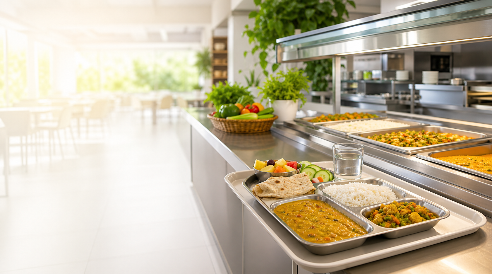 Fresh canteen meal tray served in a clean cafeteria